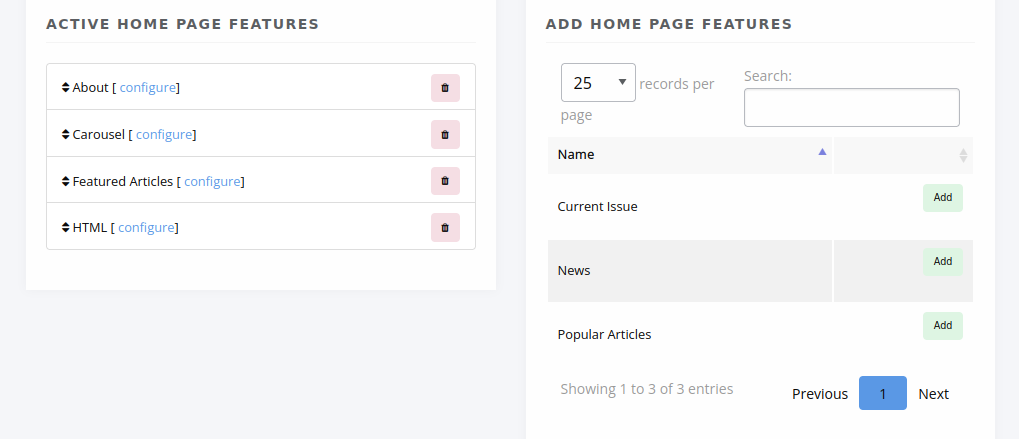 The Journal Home Settings page