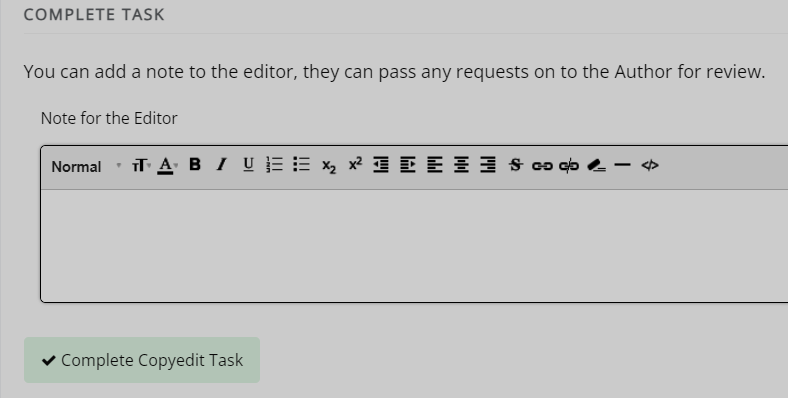 The ‘Complete task’ section with a textbox for the notes to the editor. There is a ‘Complete copyedit task’ button at the bottom
