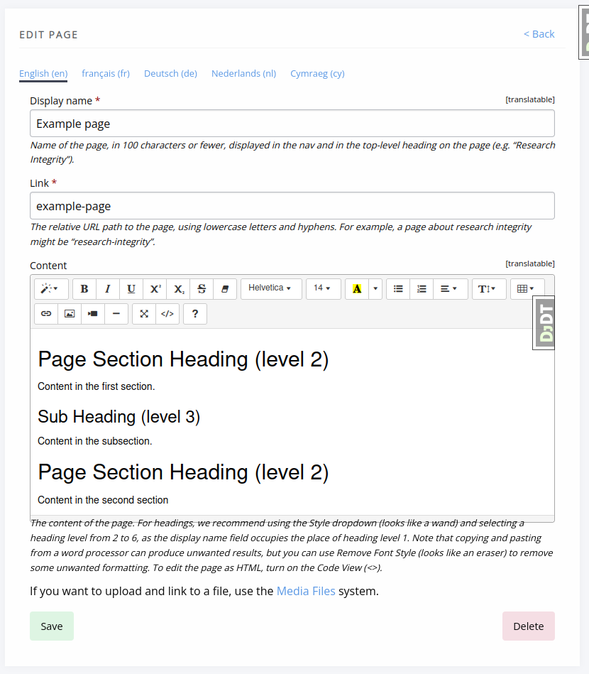 Interface for adding a new page through the CMS.