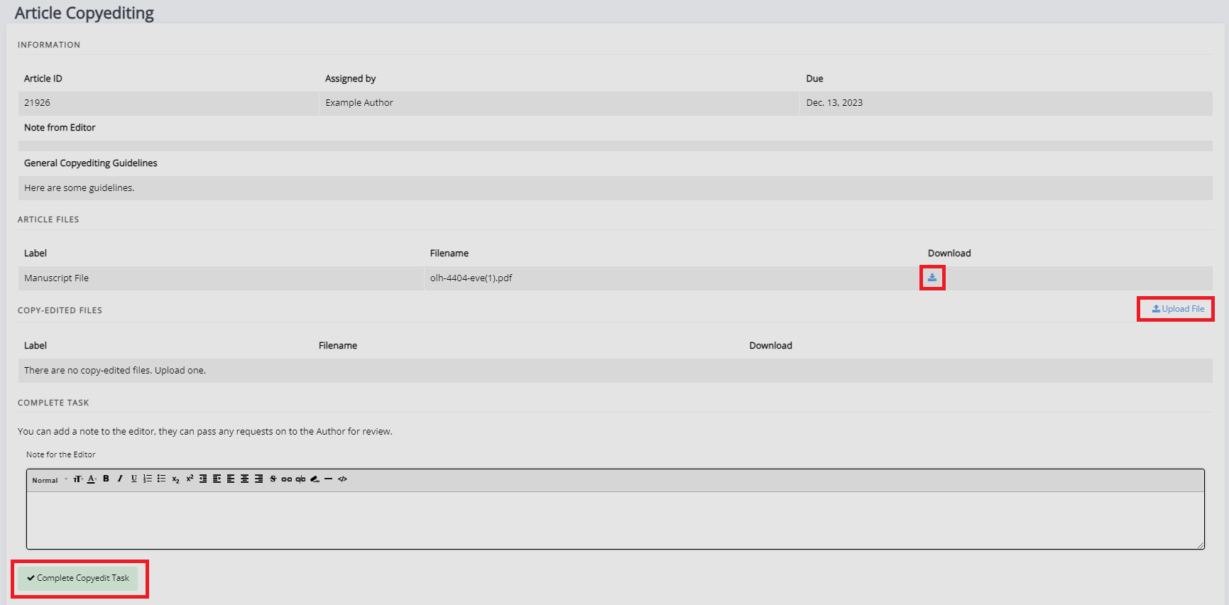 The ‘Article Copyediting’ page. It displays information about the manuscript, the article files, completed files and a ‘comments to the editor’ textbox. The ‘Download’, ‘Upload File’ and ‘Complete copyedit task’ buttons are highlighted.