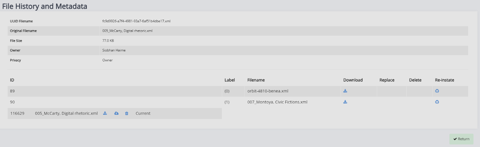 The File history and metadata page.