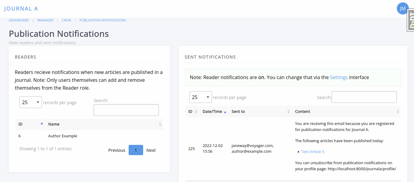 Publication Notification page, showing the Readers section on the left and Sent Notifications section on the right.