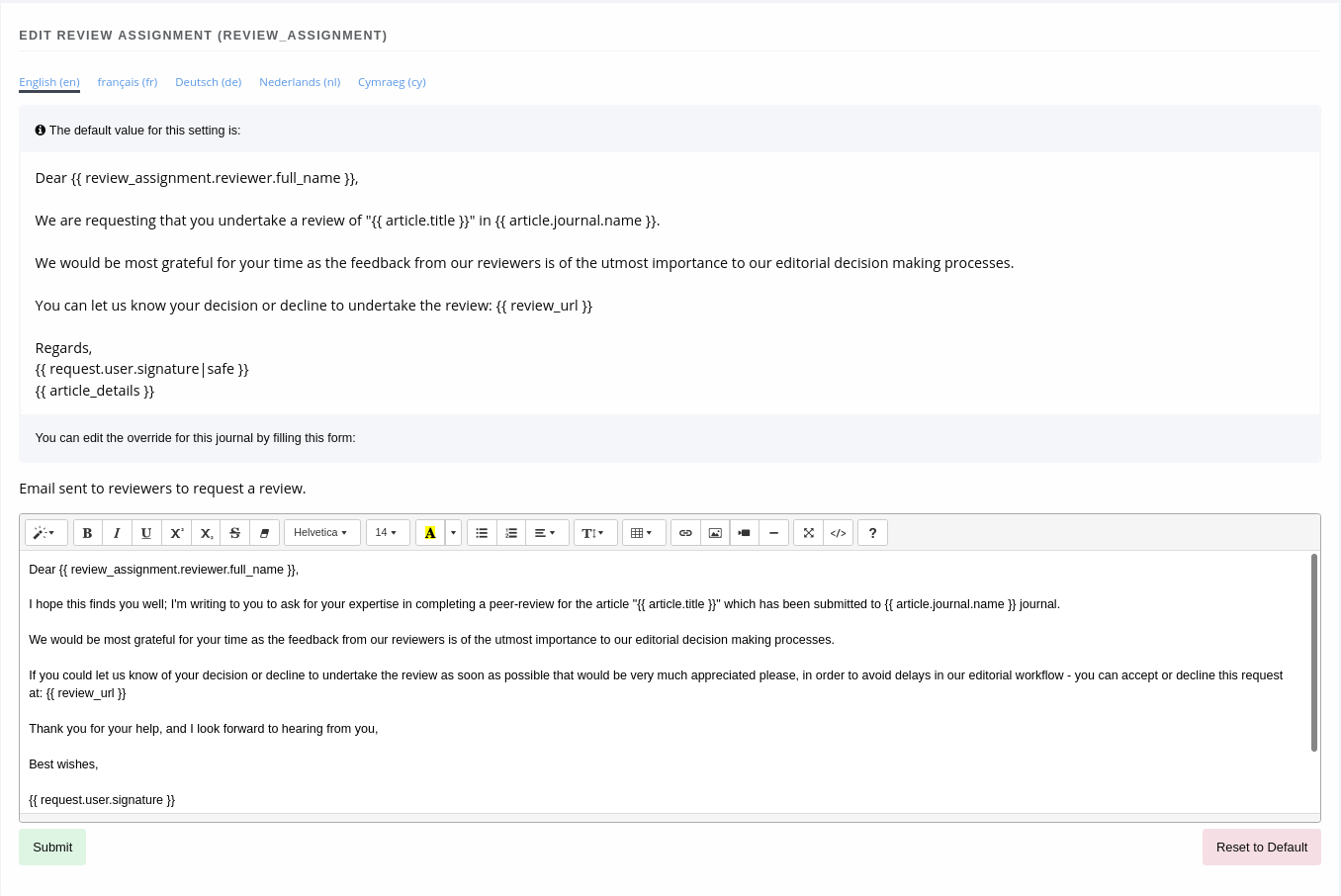 The review assignment email template screen, showing the default value with the customisation textbox below it.