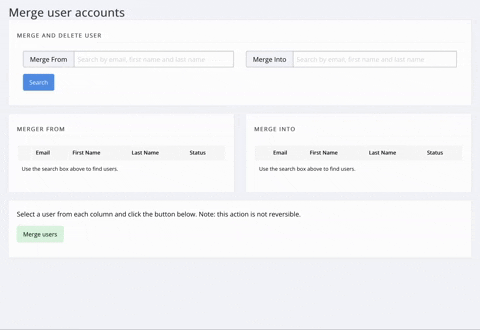A press manager user is merging two accounts together. The search for one user then the other and click the merge button.