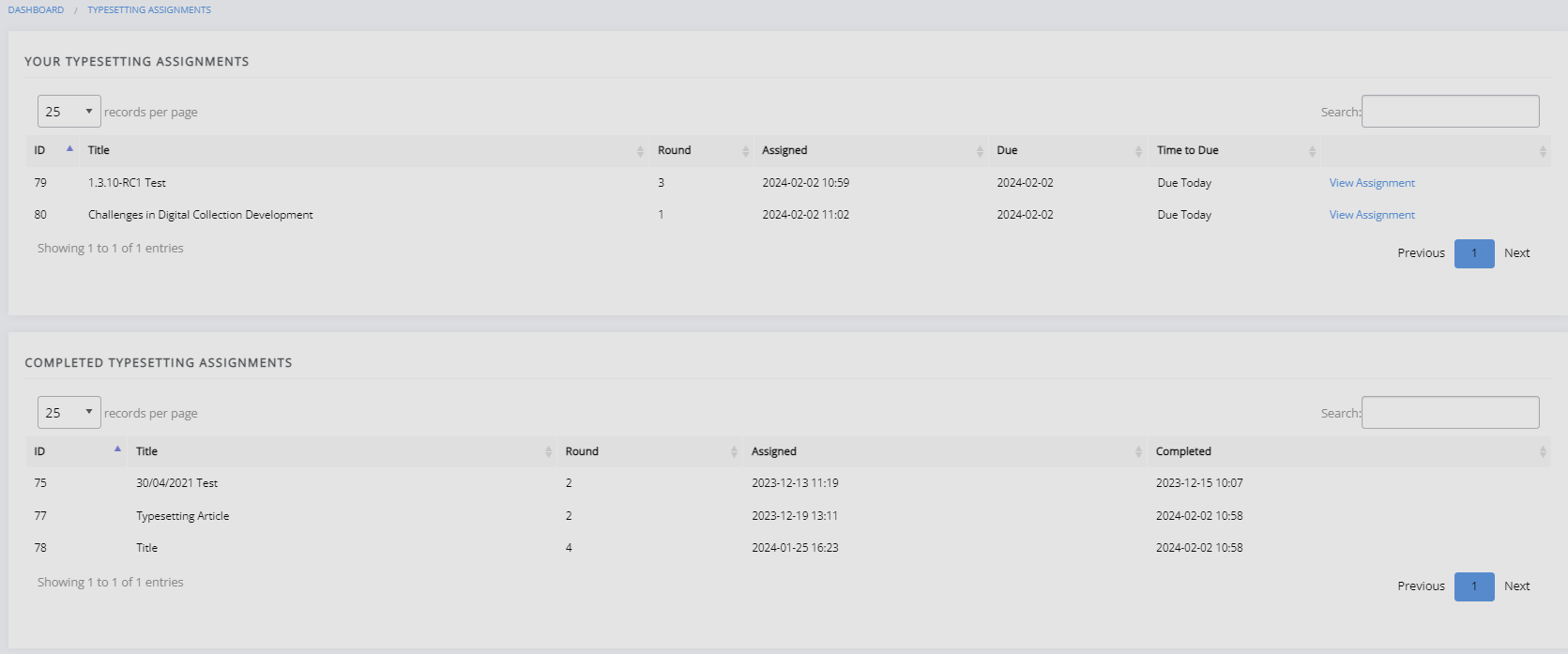 The Typesettings assignments page.
