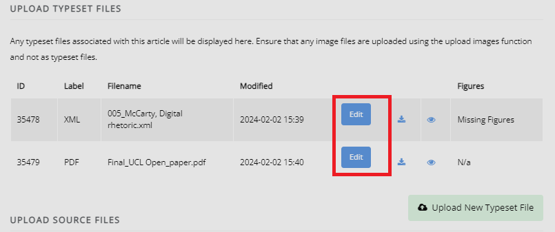 The ‘Upload typeset files’ section, showing two uploaded files. It also displays the figure files’ status: ‘N/A’ for a file with no figure files and ‘Missing figures’ for a file with missing figures.