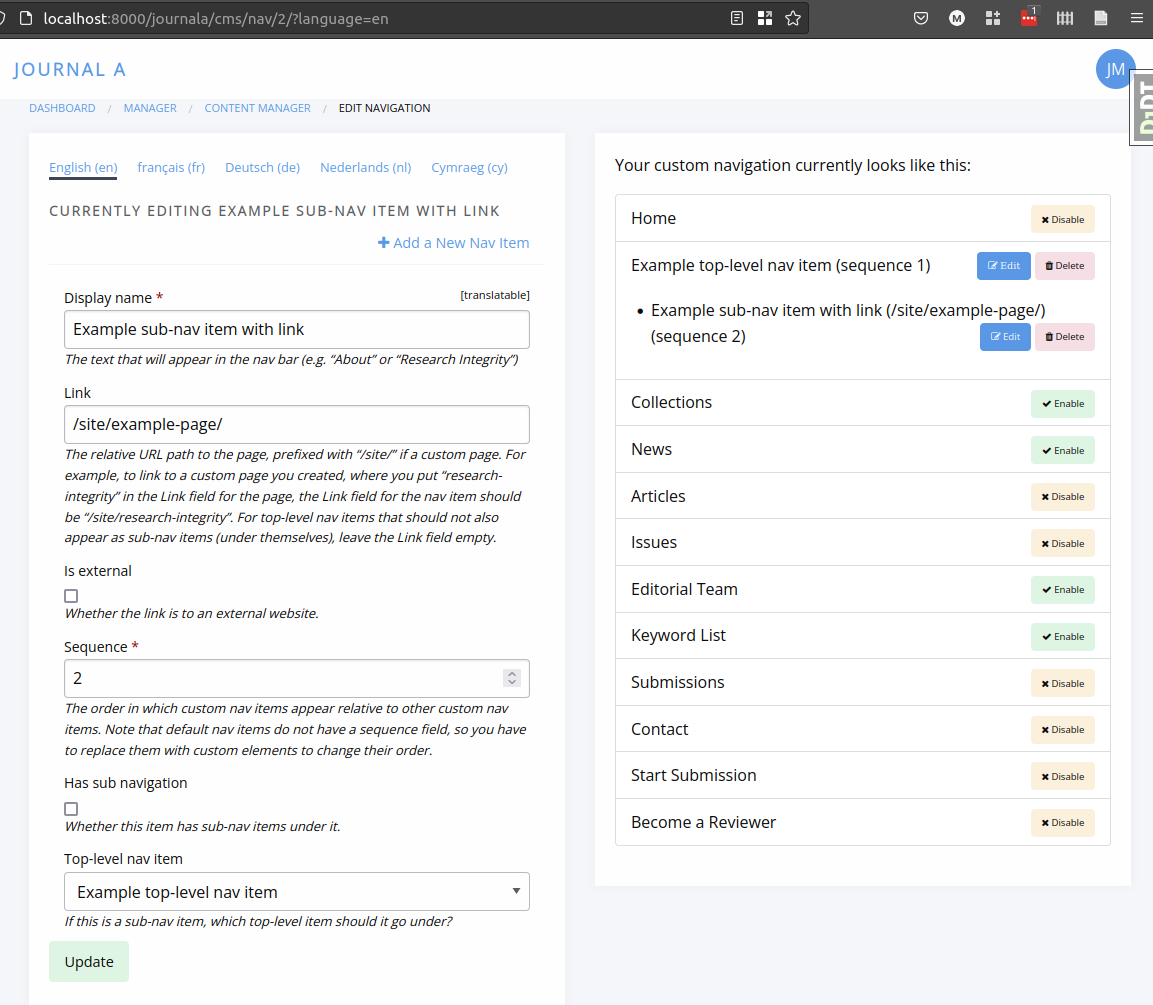 Editing a custom nav item in the content management system