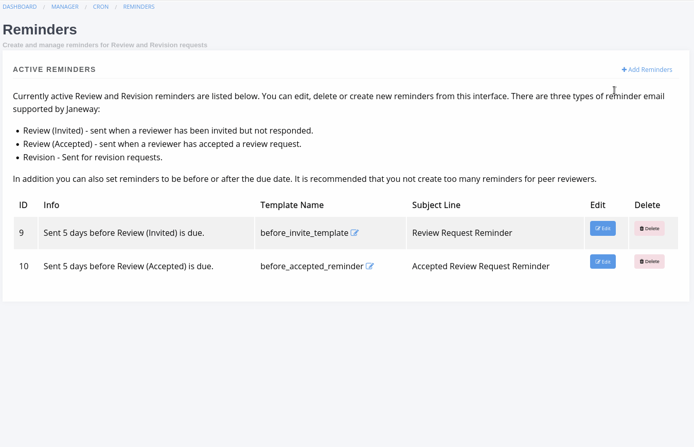 A GIF showing the reating, editing and deleting a reminder, showing the various screens and fields.
