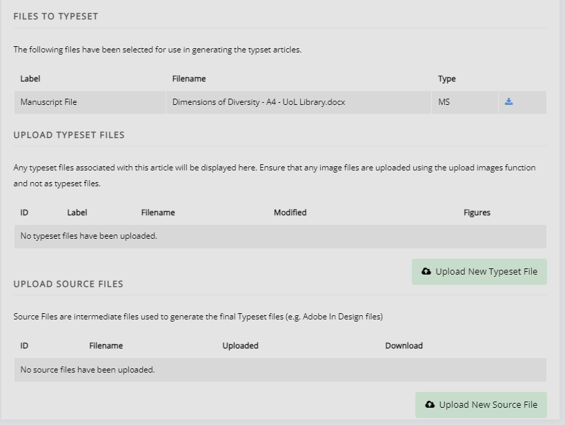 The files section of the typesetting page. It shows the ‘Files to typeset’, ‘Upload typeset files’ and ‘Upload source file’ options.