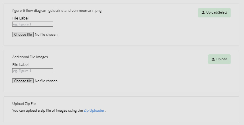 A screenshot displaying the available options for adding image files: uploading a file in a section for a dedicated image (displaying its filename), uploading images as additional files or uploading a zip file.