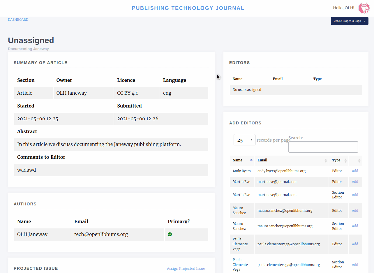 Setting a projected issue and assigning an editor.